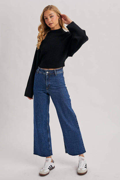 MOCK NECK OPEN BACK RIBBED KNIT TIE SWEATER TOP