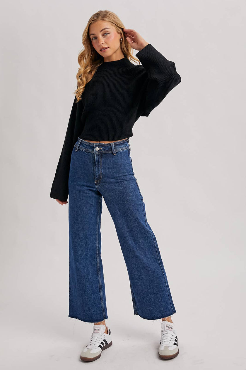 MOCK NECK OPEN BACK RIBBED KNIT TIE SWEATER TOP