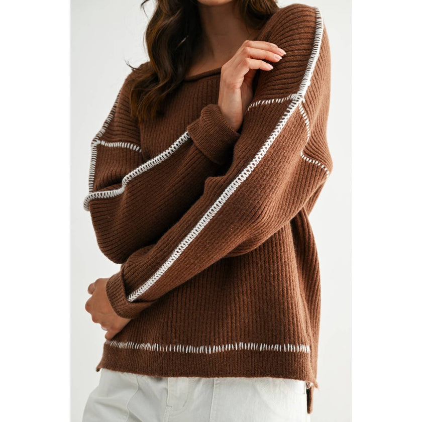 BROWN RIBBED SWEATER WITH CONTRASTING STITCHING