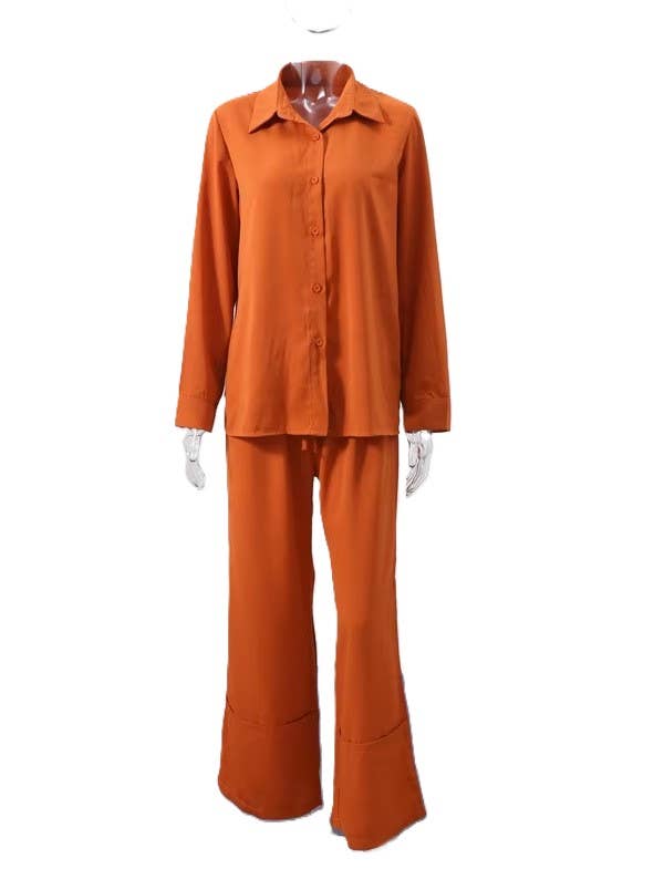 Casual Shirt And Wide-Leg Pants Two-Piece Set: Orange / S