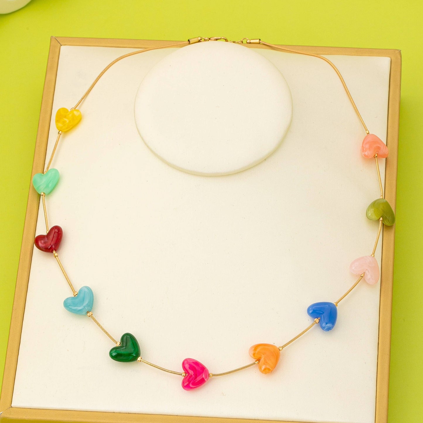 Multicolor Resin Beaded Heart Station Necklace | MULTI