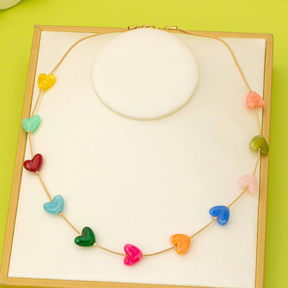 Multicolor Resin Beaded Heart Station Necklace | MULTI