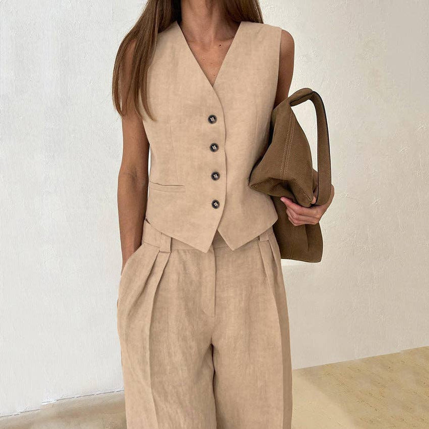 Solid Color Cotton Linen Vest: Khaki