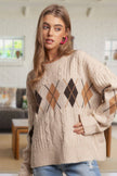 CESW3392 - DIAMOND PATTERN CABLE KNIT SWEATER: Oatmeal / S-M-L(2-2-2)