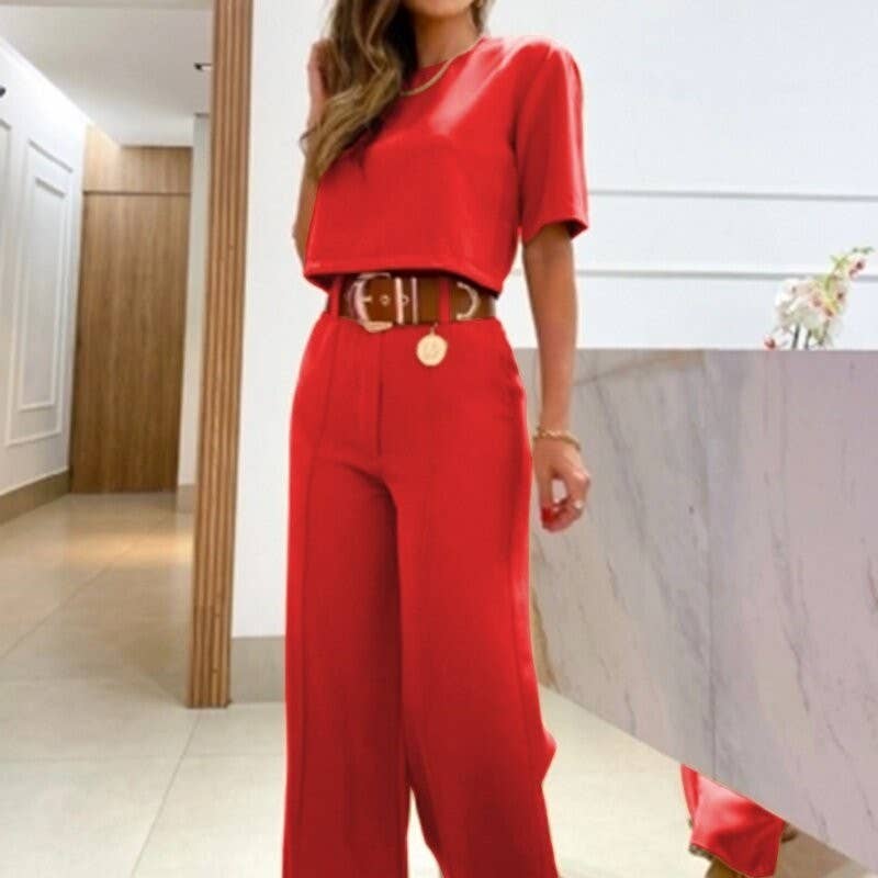 Pure Color Short Sleeve Suit Pants Set: Red
