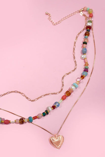 MULTI LAYERED BEADED HEART CHARM NECKLACE | GOLD