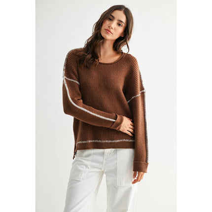 BROWN RIBBED SWEATER WITH CONTRASTING STITCHING