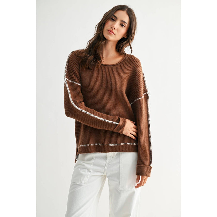 BROWN RIBBED SWEATER WITH CONTRASTING STITCHING