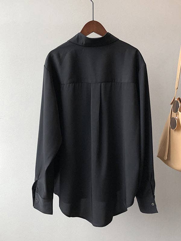 Urban Solid Color Lapel Long Sleeves Blouse: WHITE