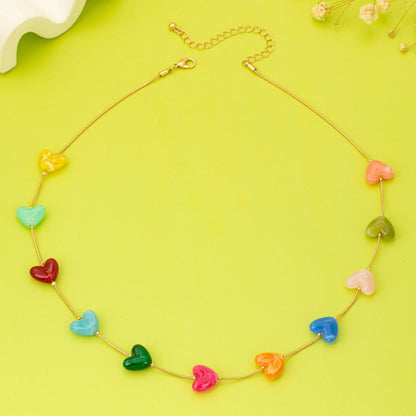 Multicolor Resin Beaded Heart Station Necklace | MULTI