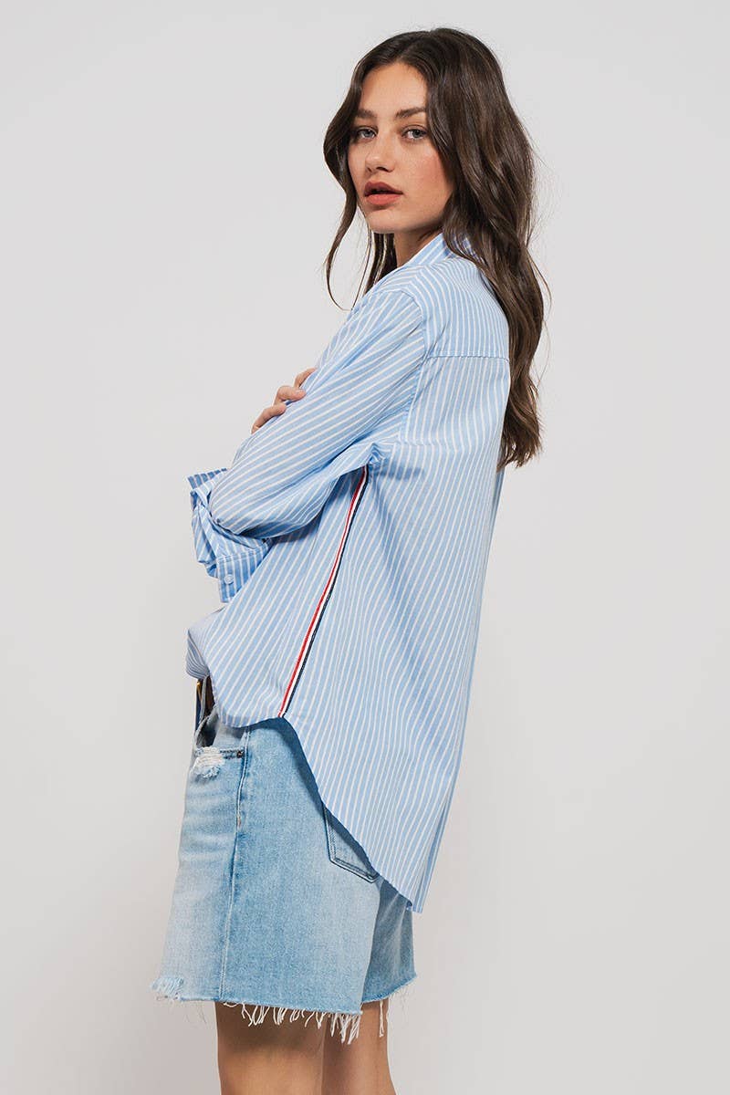 STRIPED TWILL TAPE DETAIL STATEMENT BUTTON SHIRT