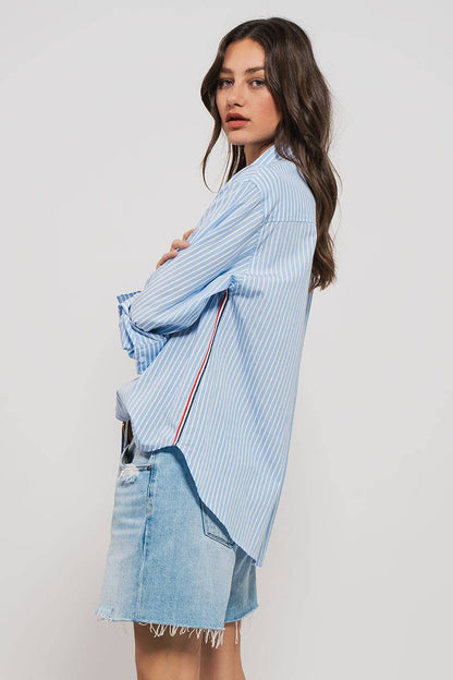 STRIPED TWILL TAPE DETAIL STATEMENT BUTTON SHIRT