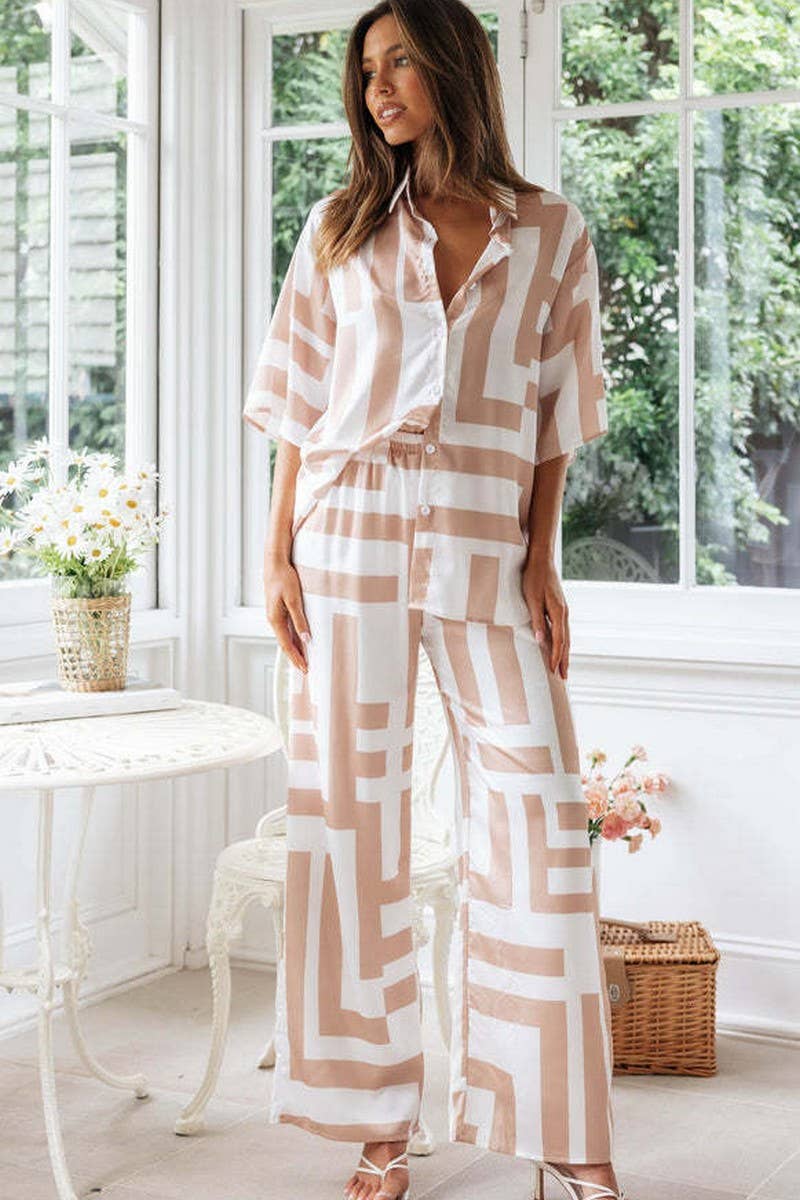 ABSTRACT PRINT COLLAR SHIRT & WIDE LEG PANTS SET: WHITE