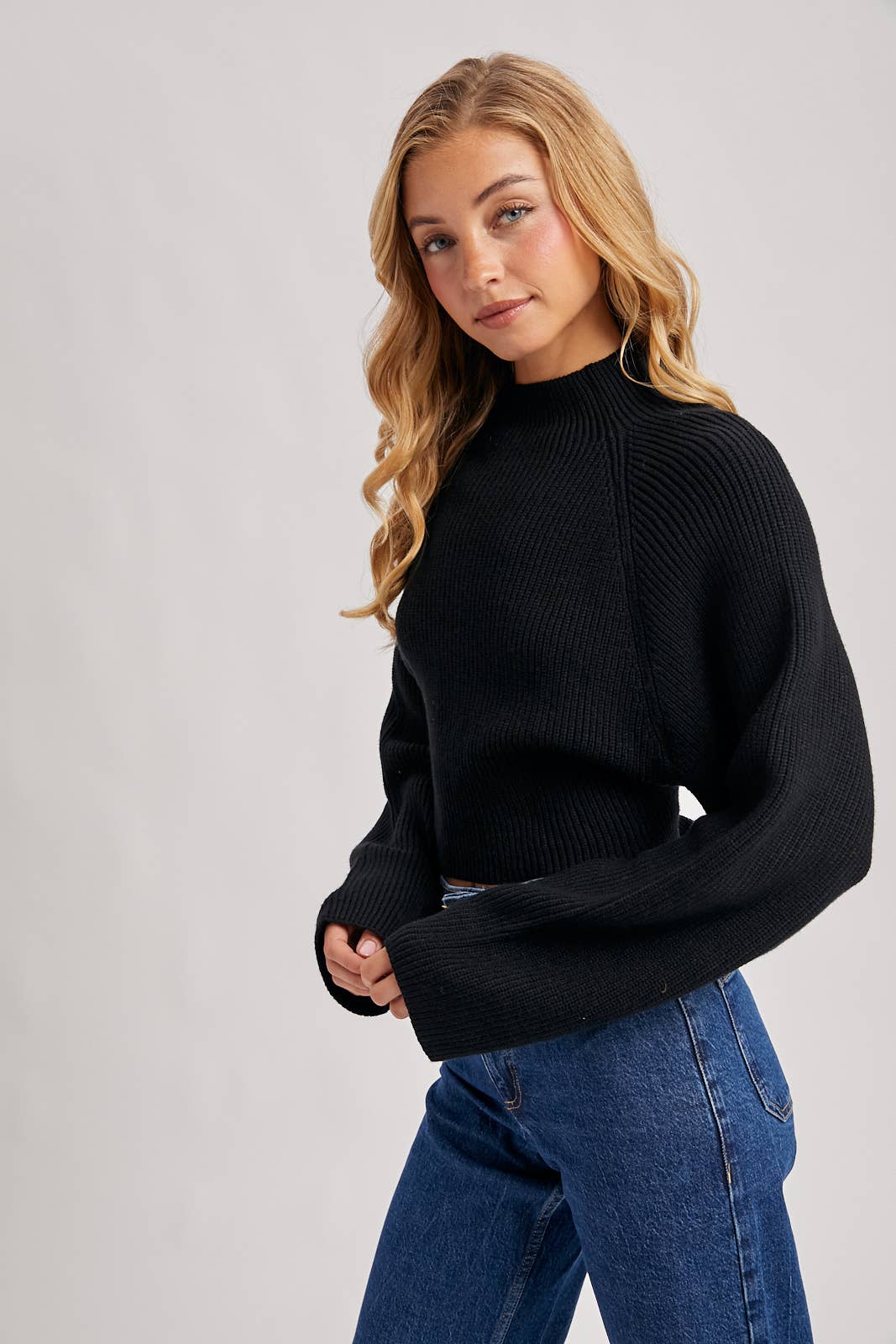 MOCK NECK OPEN BACK RIBBED KNIT TIE SWEATER TOP