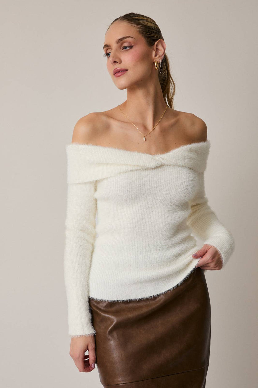 OFF SHOULDER LONG SLEEVE TWISTER DETAIL FUZZY SWEATER TOP