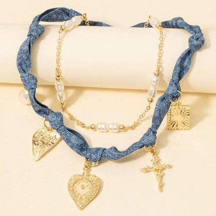 Paisley Denim And Assorted Charms Chain Layered Necklace: GDMBE
