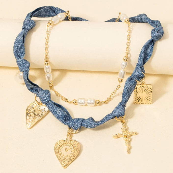 Paisley Denim And Assorted Charms Chain Layered Necklace: GDMBE