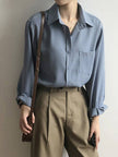 Urban Solid Color Lapel Long Sleeves Blouse: WHITE