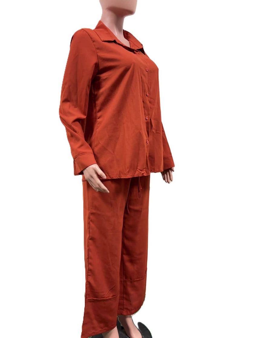 Casual Shirt And Wide-Leg Pants Two-Piece Set: Orange / S