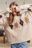 CESW3392 - DIAMOND PATTERN CABLE KNIT SWEATER: Oatmeal / S-M-L(2-2-2)