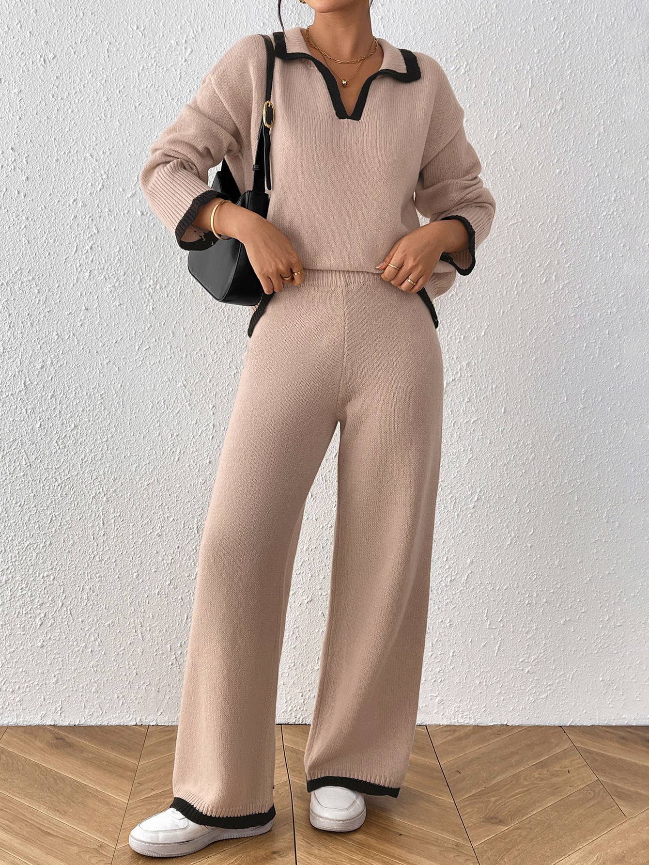 V-Neck Polo Collar Contrast Trim Sweater & Pants Set