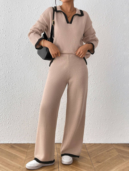 V-Neck Polo Collar Contrast Trim Sweater & Pants Set