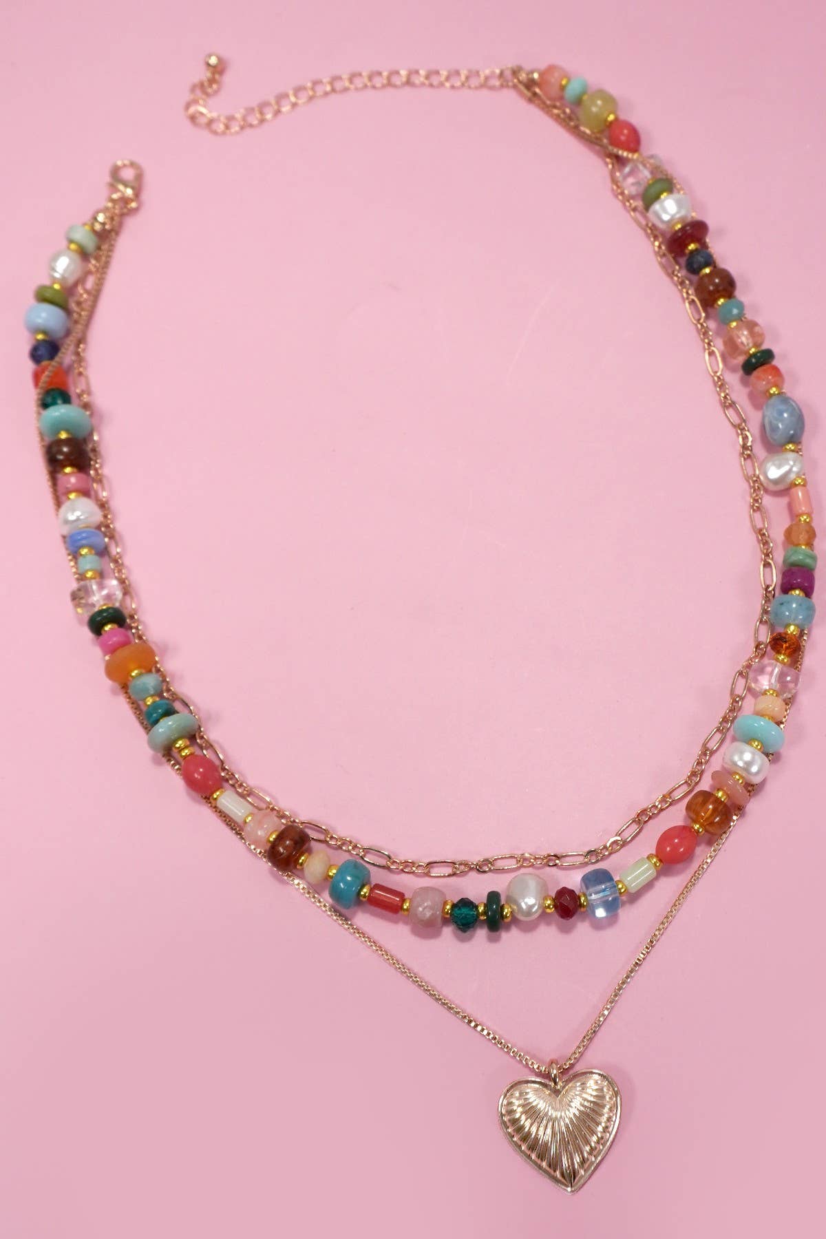 MULTI LAYERED BEADED HEART CHARM NECKLACE | GOLD