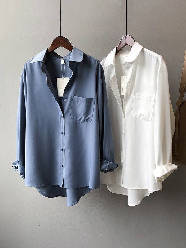 Urban Solid Color Lapel Long Sleeves Blouse: WHITE