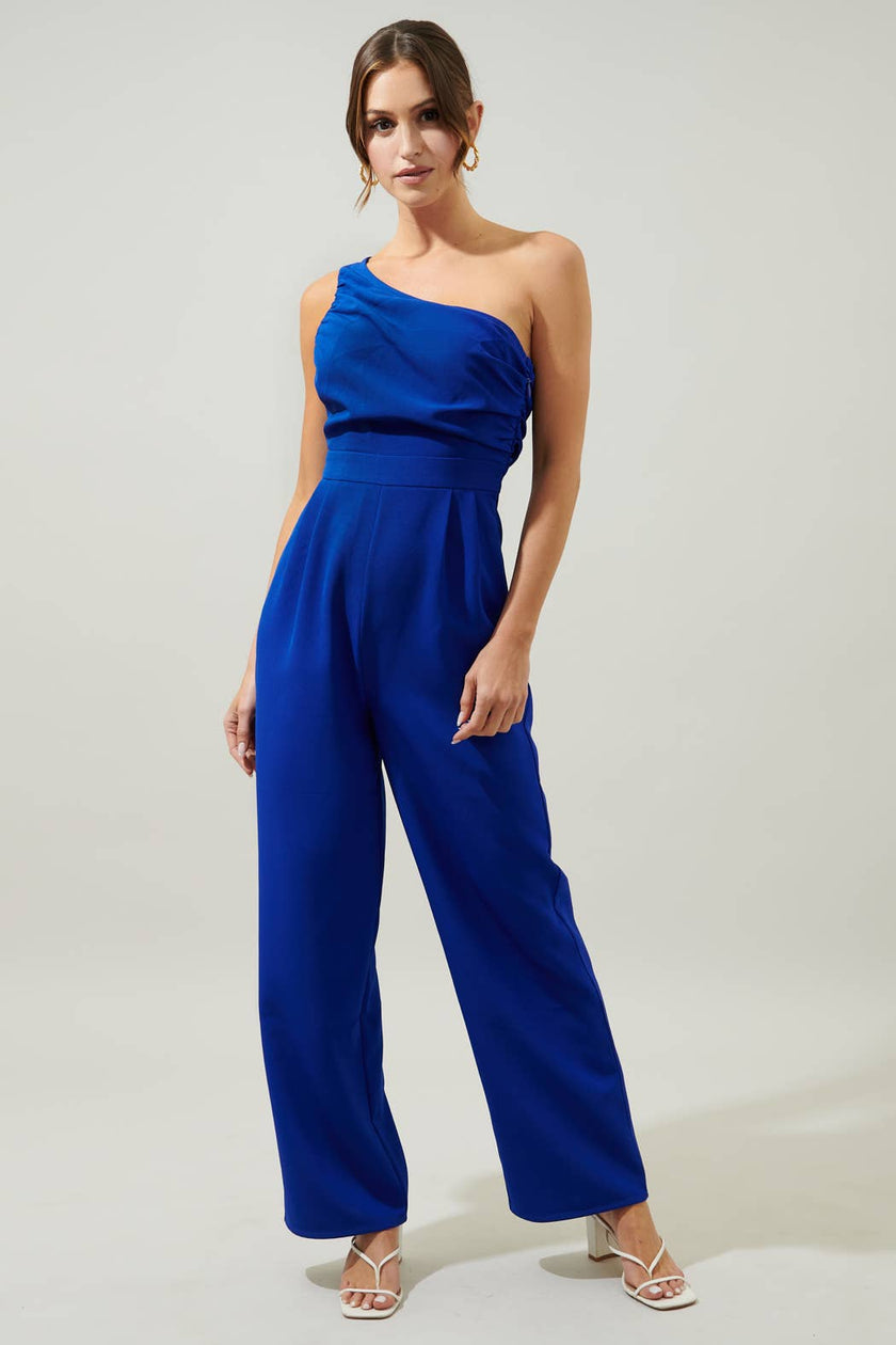 Blaine One Shoulder Ruched Jumpsuit: Cobalt