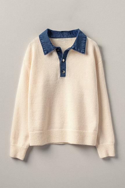 Denim Collar Contrast Button Knit Pullover: IVORY