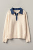 Denim Collar Contrast Button Knit Pullover: IVORY