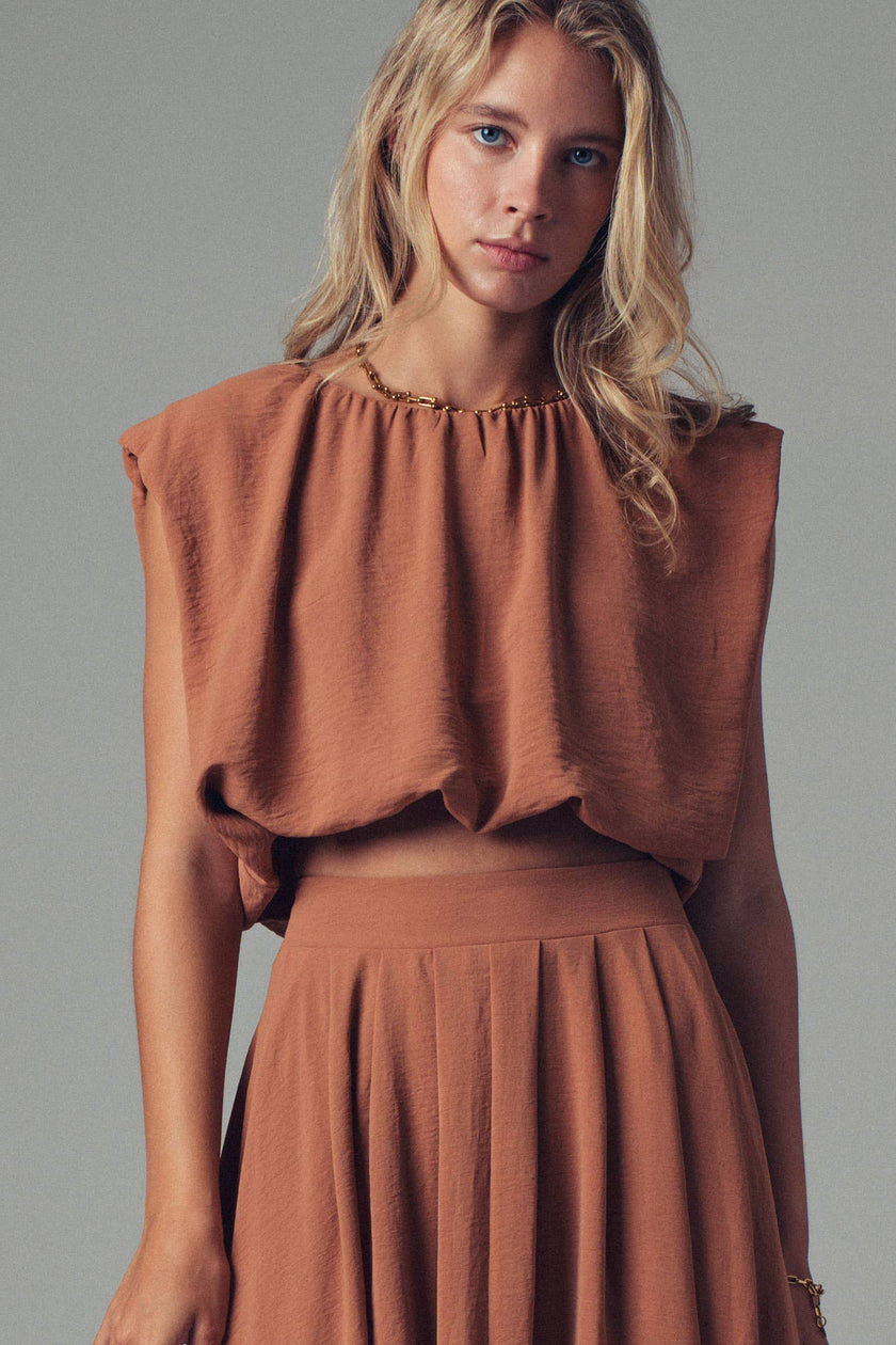 Back Tie Sleeveless Relaxed Top: CAMEL