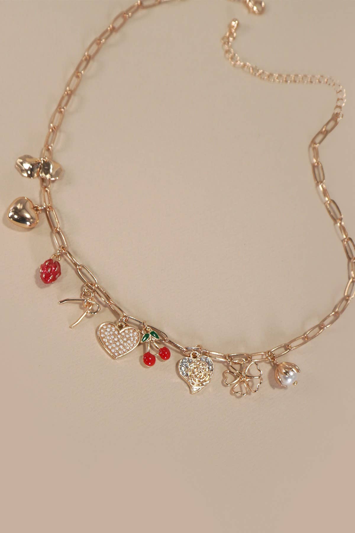 MULTI CHARM BOW CHERRY HEART NECKLACE | Gold