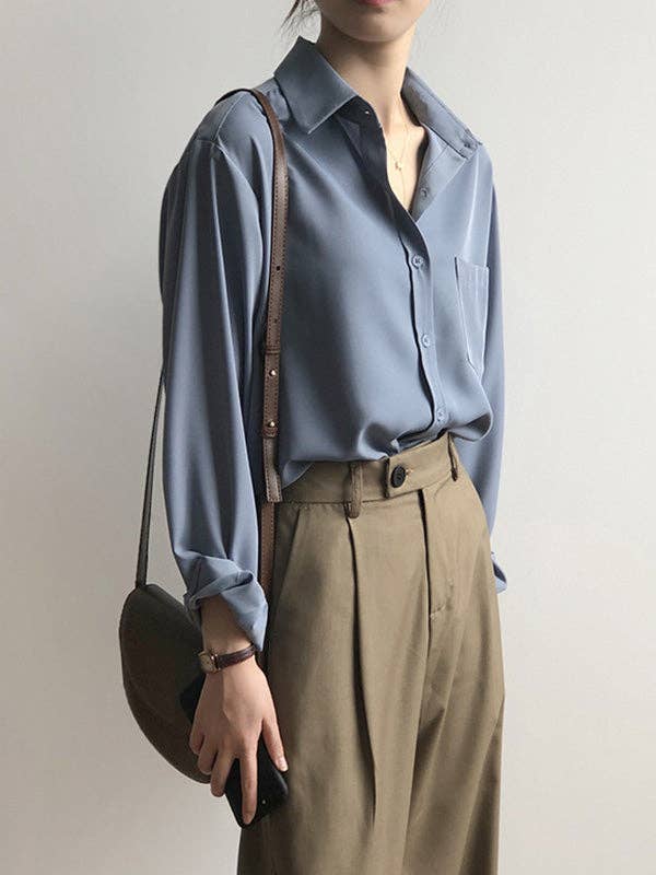 Urban Solid Color Lapel Long Sleeves Blouse: WHITE