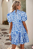 LDC Flower Print Puff Sleeve Tiered Dress: Blue