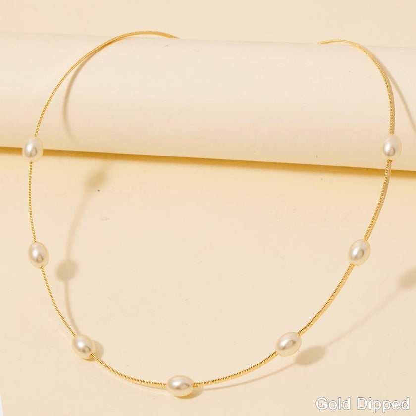Gold Dipped Pearl Station Beads Box Chain Necklace: GOLD