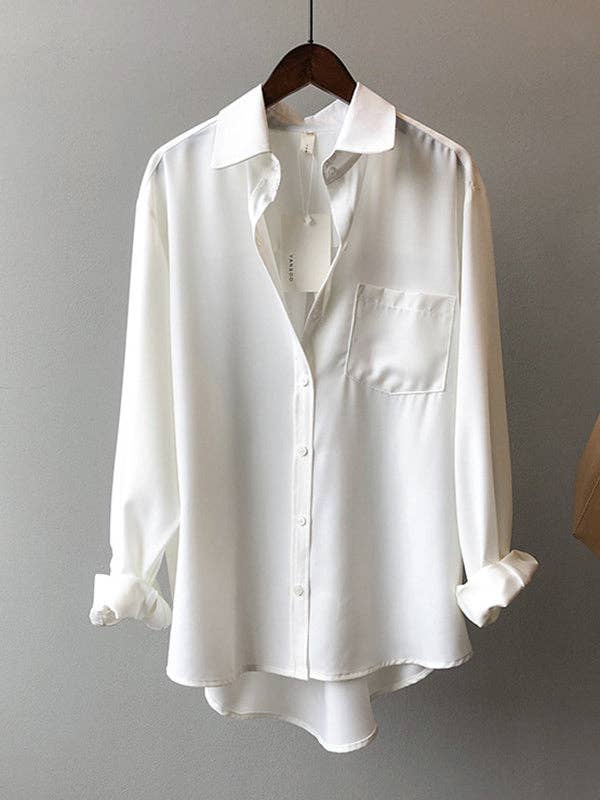 Urban Solid Color Lapel Long Sleeves Blouse: WHITE