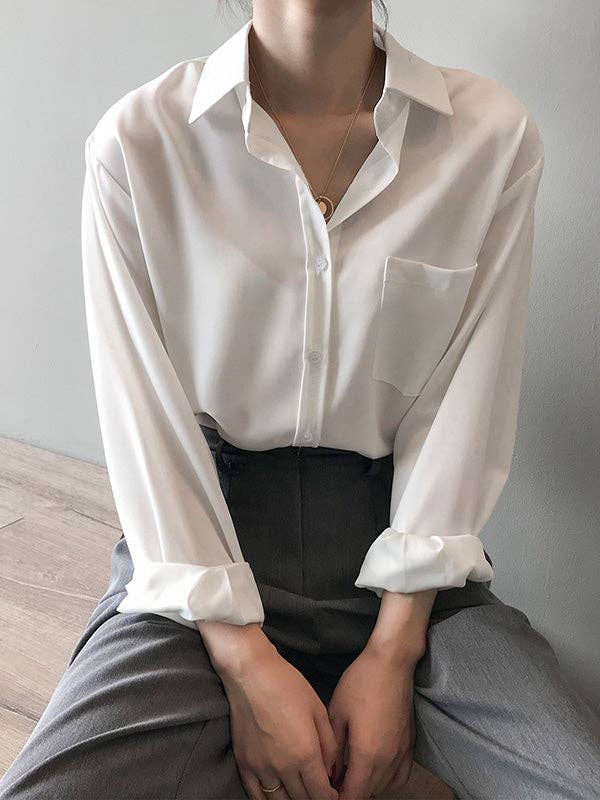 Urban Solid Color Lapel Long Sleeves Blouse: WHITE